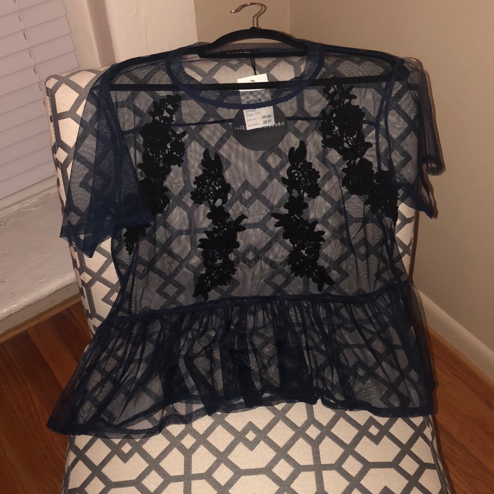 Brand new navy mesh detailed blouse
